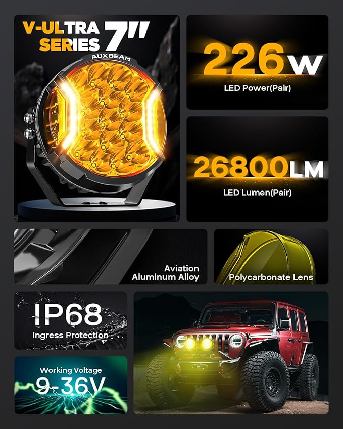 Auxbeam V-Ultra Series 7" 226W Side Shooter LED Offroad Lights, Amber DRL 3 Modes Light Bar, 270° Coverage Round LED Pods Spotlights, 26800LM Yellow Fog Lights with Protective Covers, Pair