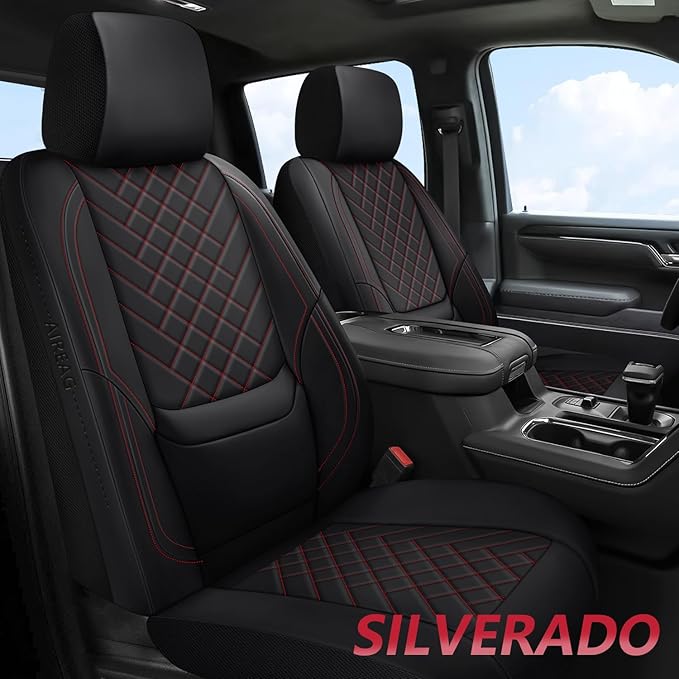 BABYBLU Chevy Chevrolet Silverado GMC Sierra Car Seat Covers Fit 2007-2023 2024 2025 1500/2500HD/3500HD (Black & Red, Full Set)