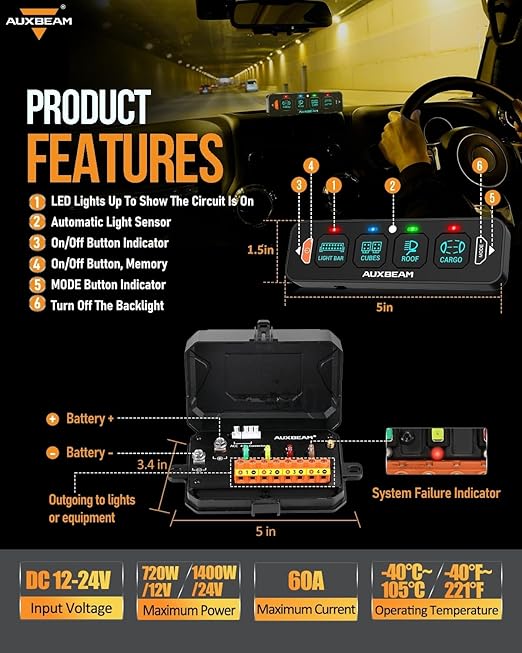 Auxbeam 4 Gang Slim Switch Panel Bluetooth RGB AS-400 with APP&Remote Control Toggle Momentary Pulsed Switch Pod Off Backlight for Truck Offroad UTV ATV Car Marine 12-24V Waterproof, 2 Years Warranty