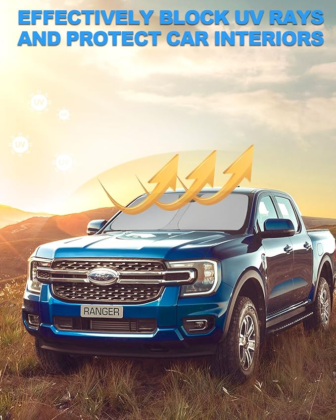 2025 Upgrade Front Windshield Sun Shade Foldable Ford Ranger Sun Shade Foldable Car Shade Automotive Windshield Sunshades fit for Ford Ranger 2019-2023 2024 2025 |Keep Car Interior Cooler|