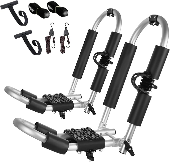 FORWODE Kayak Roof Rack, 2 in 1 Aluminum 1 Pair J-Bar Roof Rack, Folding Adjustable Rack, Weight 80 LBS Heavy Duty Kayak Roof Carrier 1 Kayak, Canoe, SUV, Surfboard on SUV, Car and Truck Crossbar