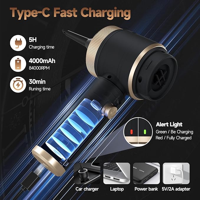 Car Vacuum Portable Cordless, Hand Vacuum with 16000PA High Power, 7 in 1 Mini Car Vacuum Cleaner with One-Click Empty, Dual Hepa Filter, LED Light, Type-C Charging Small Handheld Vac