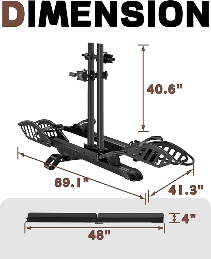 E-Bike Rack with Ramp, Hitch 2 Bike Rack, 200 lbs Capacity Electric Bike Carrier, Foldable Platform Mount for Cars, Trucks, SUVs, Minivans, Up to 5-Inch Fat Tire for 2'' Receiver