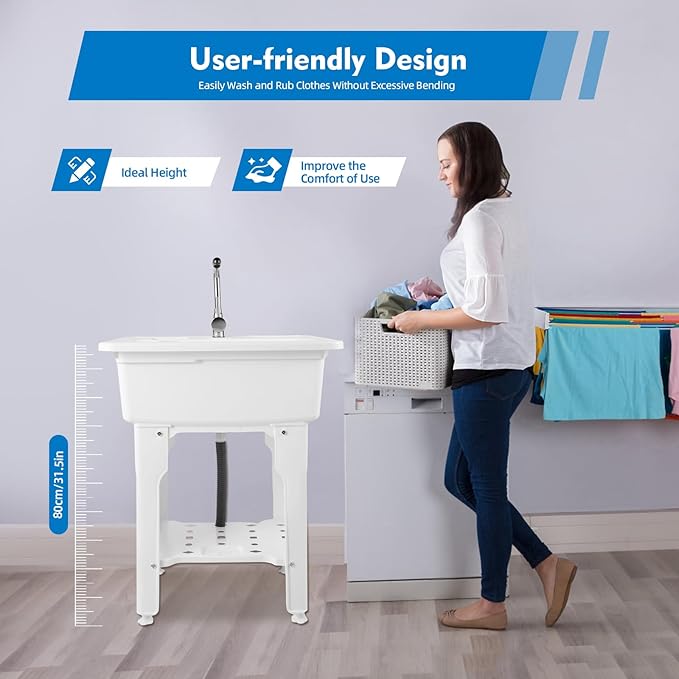 Freestanding Utility Sink Plastic Laundry Tub Sink with Storage Shelf Indoor Outdoor Slop Sink Wash Station for Bathroom Laundry Washing Room (White, 31.5 * 22.05 * 31.5in)