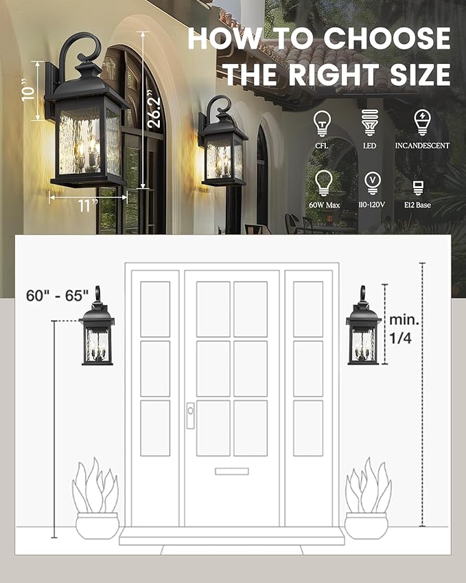FEMILA 26" Outdoor Wall Light, Large Exterior Wall Lantern with Water Ripple Glass, 3-Light Outdoor Wall Light Fixtures for Entryway, Patio, Garage, and Doorway, E12 Base, 4FD54B-L BK