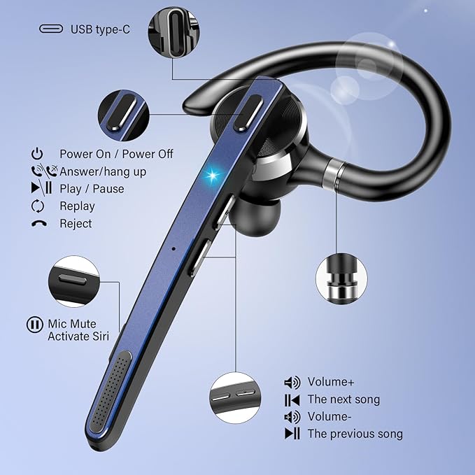 Bluetooth Headset, Wireless Bluetooth 5.3 Earpiece, 90Hrs Hands Free Headset with APTX HD Audio & Mute Button, Dual Noise Cancelling Mics, Single-Ear Headphone for Trucker/Business/Gym/Blue