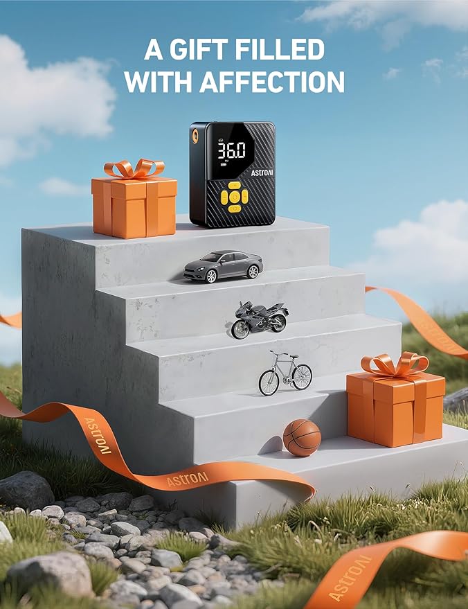 AstroAI L7 Mini Tire Inflator Portable Air Compressor,150 PSI Cordless Car Tires Air Pump with LED Lights&Pressure Gauge,Auto Shut-Off - Tire Pump for Auto,Motorcycle, Bicycle, Ball Yellow