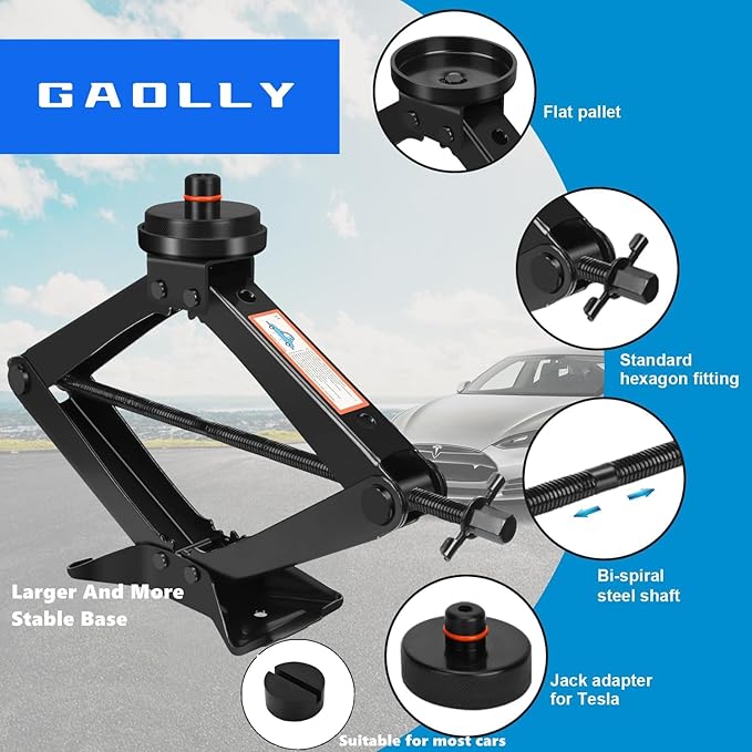 Car Jack - 3 Ton (6,600 lbs) Scissor Jack for Tesla Model Y, 3, X, S, Universal Emergency Kit with Pucks/Pads, Lug Wrench, Tire Changing Kit for Car, Sedan, SUV, MPV