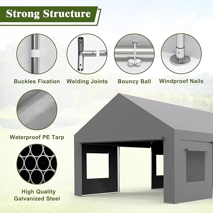 Heavy Duty Carport 13x20 FT Oversized Portable Garage with 4 Doors & 4 Windows, Reinforced Frame, All Weather Protection Outdoor Shelter Canopy for Cars, Boats, Trucks, BBQ and Gatherings (Gray)