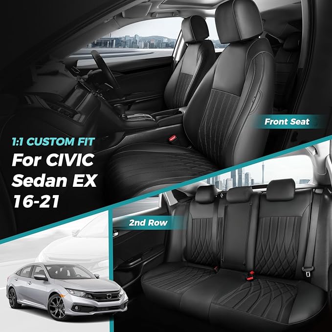 Seat Covers for Honda Civic Sedan EX-L, EX-T, EX, Touring, LX-P, Sport 2016 2017 2018 2019 2020 2021, Faux Leather Car Seats Cover Full Set(Rear Row 40/60 Split & Folding Backrest)-Black