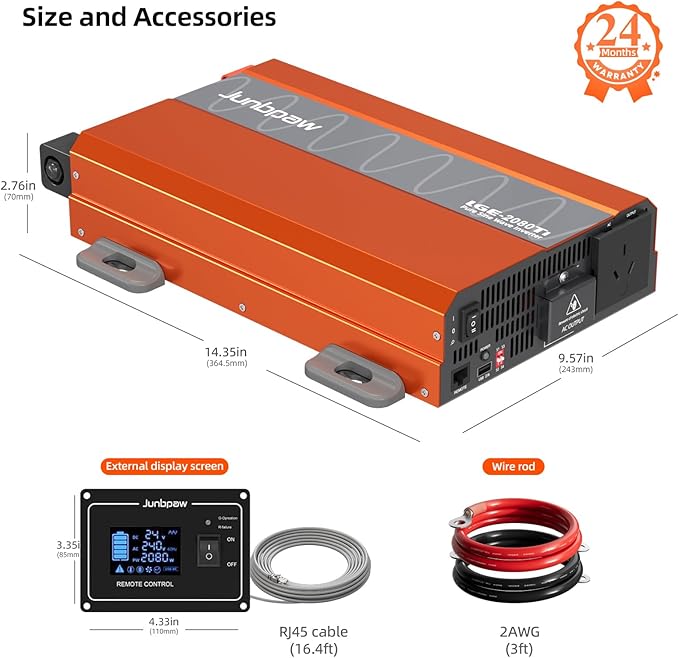 2080W Pure Sine Wave Inverter, 12V DC to 110V/120V AC, 6000W Peak, 5V/2.1A USB, Quiet Fan, Capacitor, Off-Grid Solar Power for RV, Camping, Emergency, Truck (LGE-24-2080TI)