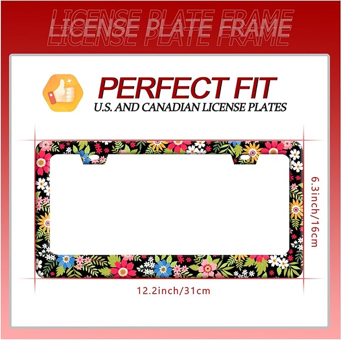 Folk Art Flowers License Plate Frame Funny Colorful License Plate Frames Stainless Steel Accessories Cars Decor with 2 Holes and Screws Fits Standard Us Ca Vehicles License Plate Holder 12.2 X 6 Inch