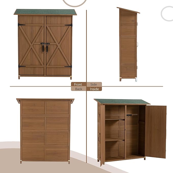 56" L x 19.5" W x 64" H Tall Outdoor Wooden Storage Shed with Lockable Doors, Waterproof Asphalt Roof, Removable Shelves for Garden Tools,Yellow Brown