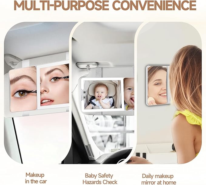 Car Sun Visor Vanity Mirror with Lights,Side with 6 inch 20X Magnifying Mirror,Rechargeable Car Makeup Mirror with 3 Light Modes,Dimmable Touch Led Screen,White