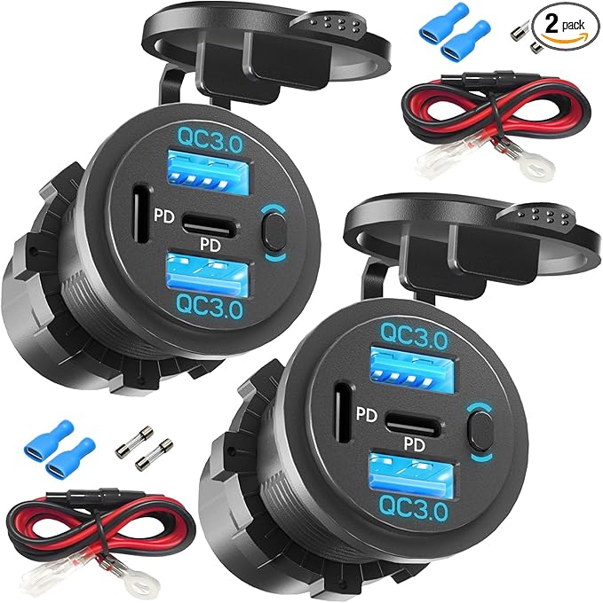 2PCS,Dual PD USB C Ports & Dual USB Quick Charge 3.0 Ports 12V USB Outlet with Switch, VANONE Waterproof and Dustproof Car Charger Socket, Accessories for Car Boat Marine Motorcycle RV ATV Golf Cart