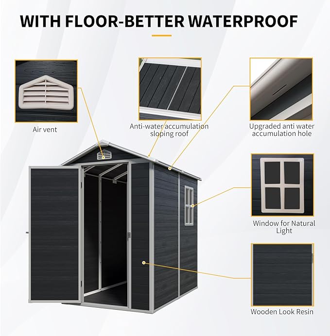 4x6 FT Outdoor Storage Shed, Resin Garden Shed with Thick Floor, Plastic Storage Shed with Window, Waterproof Outside Tool Shed with Lockable Hinged Door for Backyard, Patio, Lawn, Black