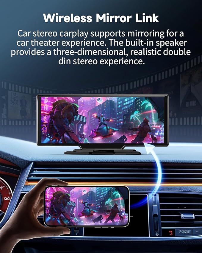 Portable Carplay Screen for Car - 10.26" Wireless Carplay & Android Auto Car Stereo, with 4K Dash Cam, Backup Camera, Bluetooth, GPS Navigation/Mirror Link/Voice Control/Bluetooth