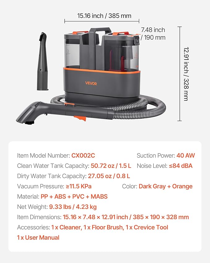 VEVOR Carpet Cleaner Machine, 50.72 oz Clean Water Tank & 27.05 oz Dirty Water Tank, Portable Upholstery Shampooer, 11.5Kpa Handheld Furniture Extractor, Spot and Stain Deep Cleaner for Rug Couch Car