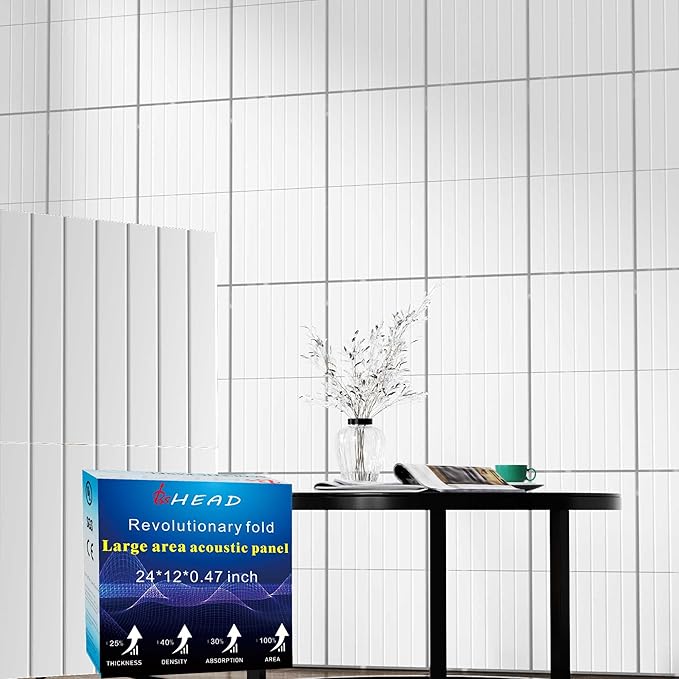 6 Pack Large Fold Soundproof Wall Panels, 24 x 12 x 0.47 in Sound Proof Foam Panels for Walls, 1.2lb/ft³ High Density, Thicker 0.47in, Acoustic Panels, Sound Dampening Panels White