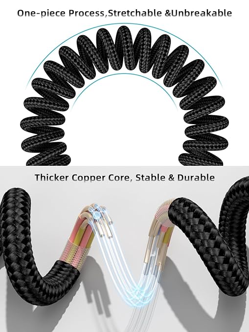 Car Carplay Cable 2Pack 3ft Coiled USB A to USB C Fast Charge Cord for iPhone 16/15/Plus/Pro Max/MacBook Pro, Auto Coiled Retractable iPhone Car Cord