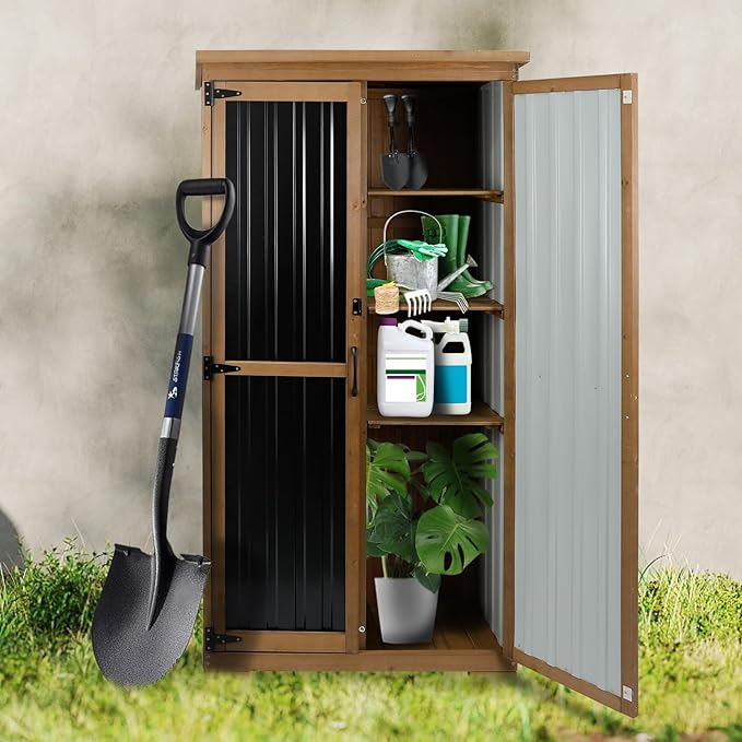 Outdoor Storage Cabinet Waterproof with Shelves, Small Storage Shed, Vertical Tall Patio Backyard Garden Storage Cabinet Tool Organizer for Outside
