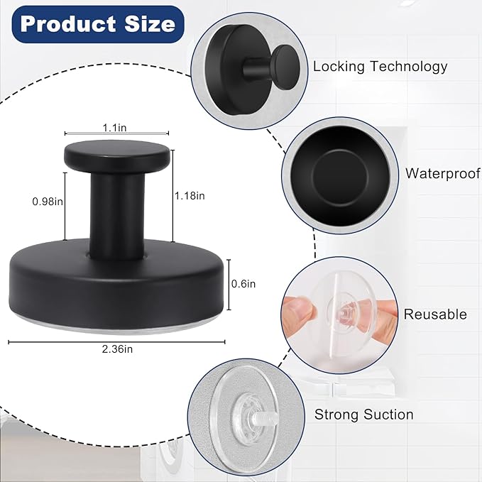 4 PCS Suction Cup Hooks for Shower, Hooks for Inside Shower, Removable Towel Hooks for Bathroom Wall, Kitchen, Glass, Tile, Mirror, Bath Robe Looafh Hook for Hanging (Black)