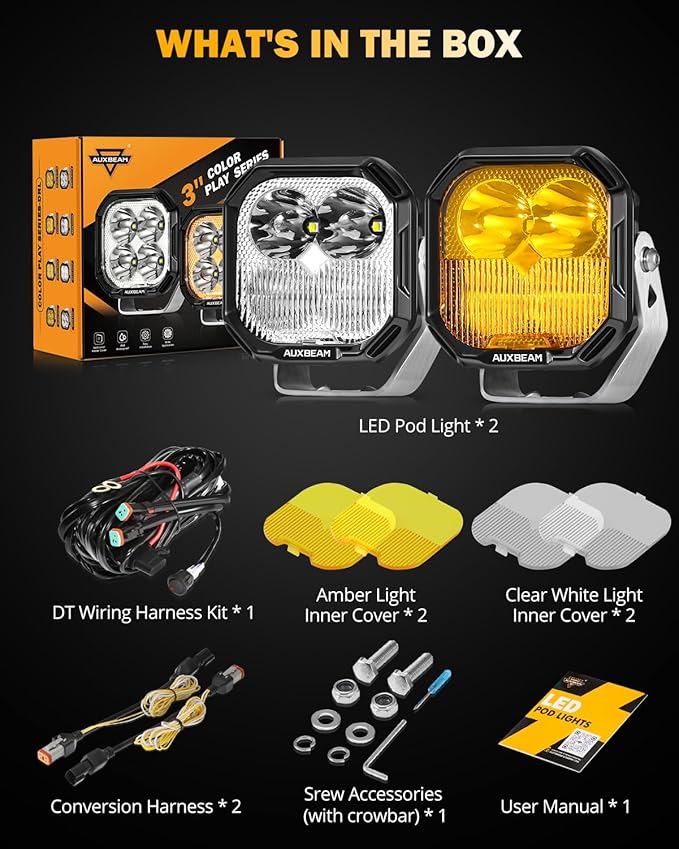 Auxbeam Color Play Series 3 Inch LED Pods, Offroad Light with Amber/White DRL & Turn Signal 100W Spot Flood Combo Beam Off Road Lighting Fog Cube Ditch Light Bar for 4x4 Jeep Truck, 2 Years Warranty