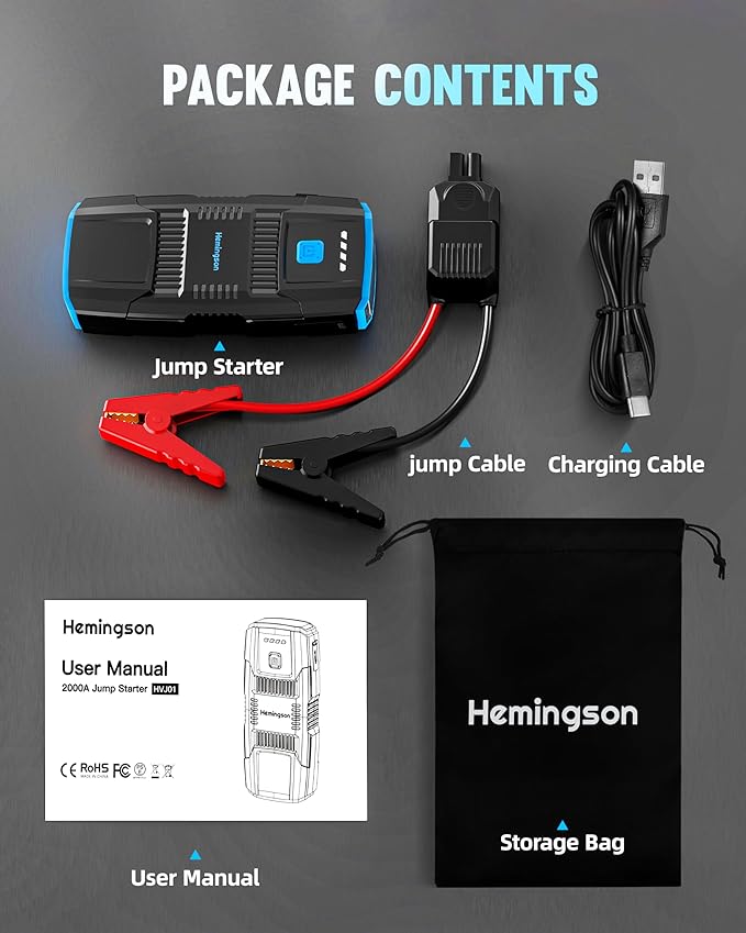 Car Jump Starter, HEMINGSON 2000A Peak Battery Jump Starter Portable 12V Jump Box for Vehicles 7.0L Gas and 5.5L Diesel Engines with 4 Modes LED Lights and Jumper Cable