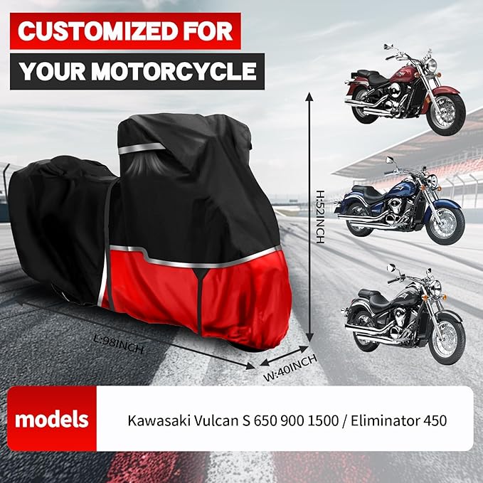 420D Motorcycle Cover Suitable for Kawasaki Vulcan 650 900 1500 and Eliminator 450 Cruiser Without Trunk Models Waterproof Motorcycle Cover Suitable for Snow Rain Dust Protection Easy to Clean