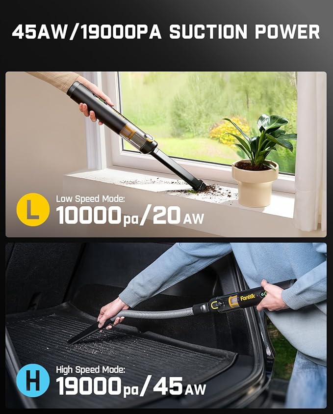 Fanttik Slim V10 APEX Cordless Car Vacuum, 4-in-1 Portable Mini Handheld Vacuum, 19000pa Suction Power, Upgraded Smart Digital Display, 2 Suction Modes for Car, Office Desk, Keyboards (Black)