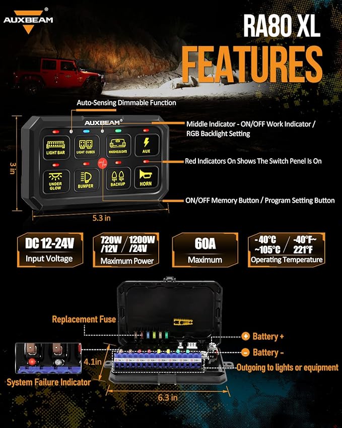 Auxbeam Switch Panel RGB 5 Inch Large 8 Gang Switch Panel RA80 XL Toggle Momentary Pulsed 12V Switch Panel for Car Truck SUV RV Camper Van Offroad Accessories 2 Years Warranty
