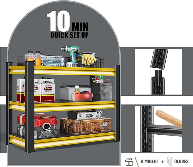 40" W Garage Shelving Heavy Duty, 1500LBS Loads Adjustable Garage Storage Shelves,3-Tier Metal Storage Racks and Shelving Units, Utility Rack Shelves,40" W x 18" D x 36" H,Yellow