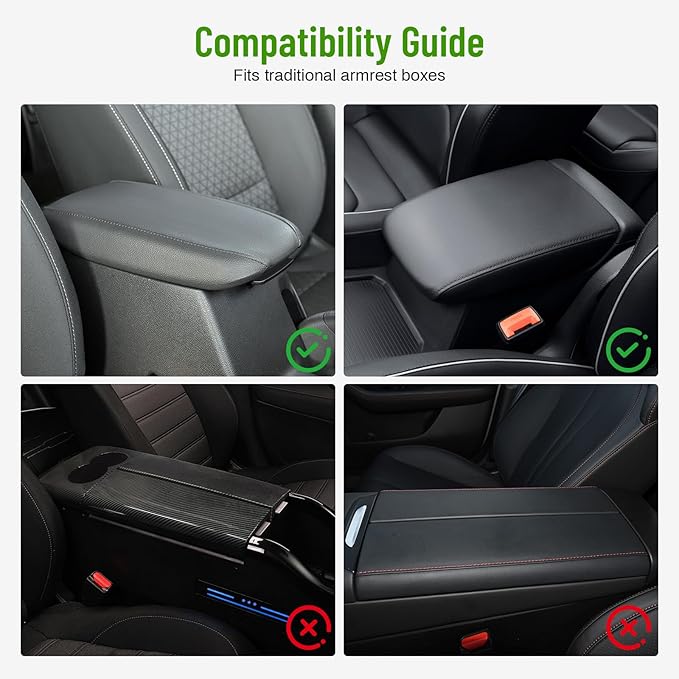 Car Center Console Cover with 6 Storage Pockets, Leather Car Arm Rest Cover Thickened Cushion, Universal Vehicle Armrest Pad Interior Protector, Black