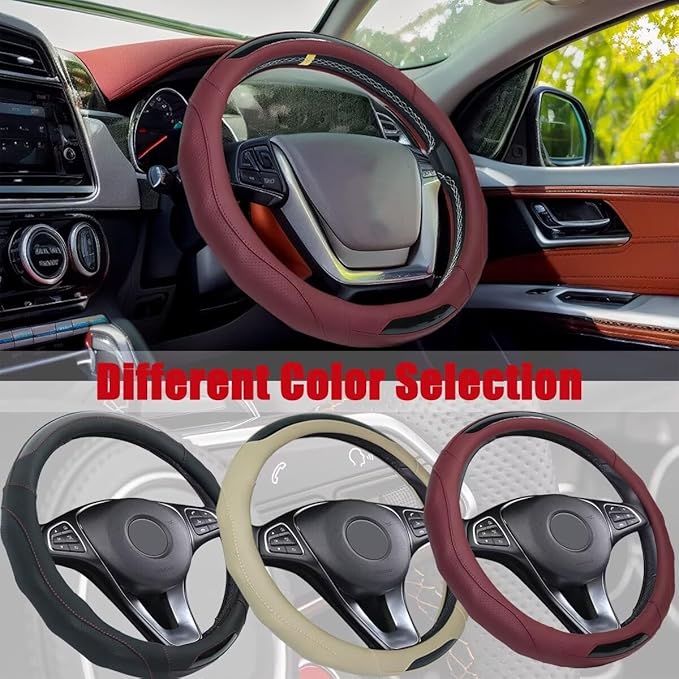 Car Steering Wheel Cover with Cup Coasters, Universal 15 inch Leather Carbon Fiber Steering Wheel Covers Comfort Grip Breathable Anti-Slip Steering Wheel Accessories for SUV Truck Van Auto - Beige