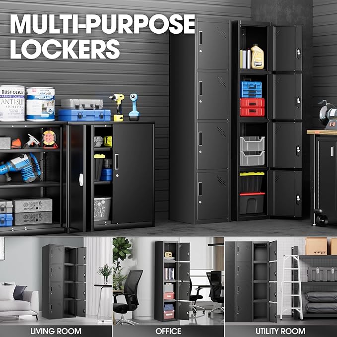 DNA MOTORING Metal Storage Cabinet for Employees with Keys, 71" Employees Metal Locker with 4 Doors, Tall Storage Lockers for Garage,Office,Home,Gym, Black, TOOLS-00790-BK-BK