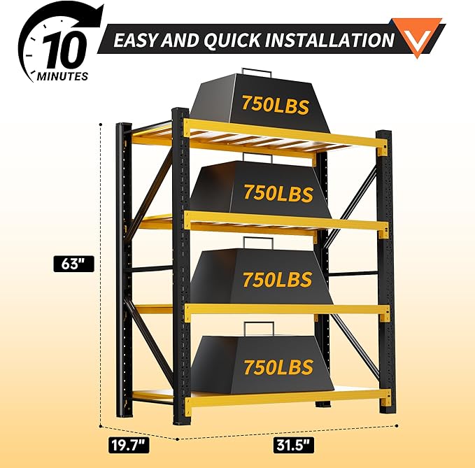 3000LBS Garage Shelving 32" W Garage Shelving Heavy Duty 4-Tier Metal Storage Shelves Adjustable Shelf Unit Storage Rack for Basement Supermarket Warehouse 32" W x 20" D x 63" H Yellow