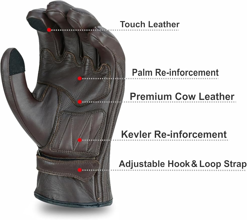 Full Finger Leather Motorcycle Gloves for Men & Women Touch Screen Gloves Premium Street Motorcycle Durable Protective Cruiser Biker Gel Leather Motorbike Gloves