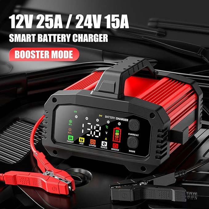 25A Battery Charger, 2/8/20/25 Amp 12V/24V LiFePO4 Lead Acid Fully Automatic Battery Maintainer with Engine Start, 8-Stage Car Battery Trickle Charger, Desulfator for AGM,STD,Gel,Deep Cycle Batteries