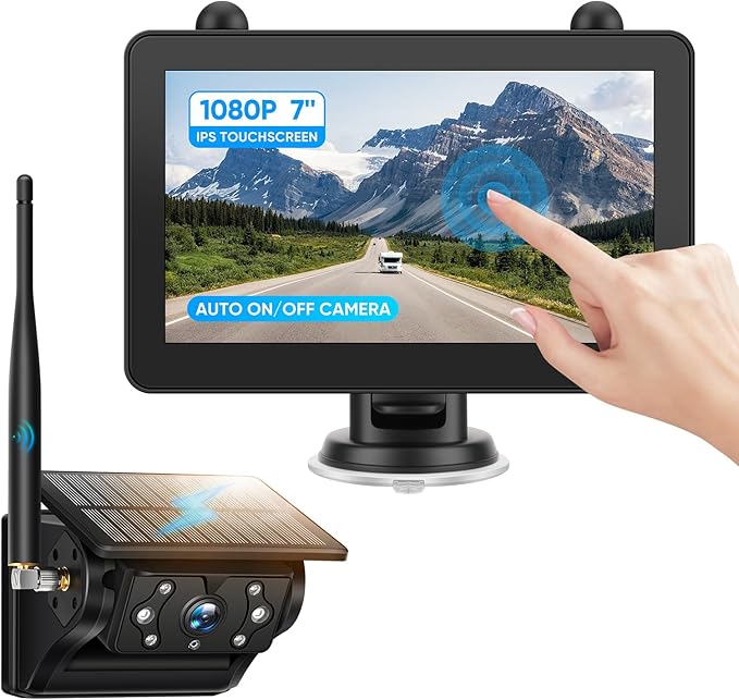 Magnetic Solar Wireless Backup Camera System with 7" IPS Touchscreen Monitor, 2K Rechargeable Auto On Off Rear View Camera with DVR Loop Recording for RV, Camper, Trailer, Trucks