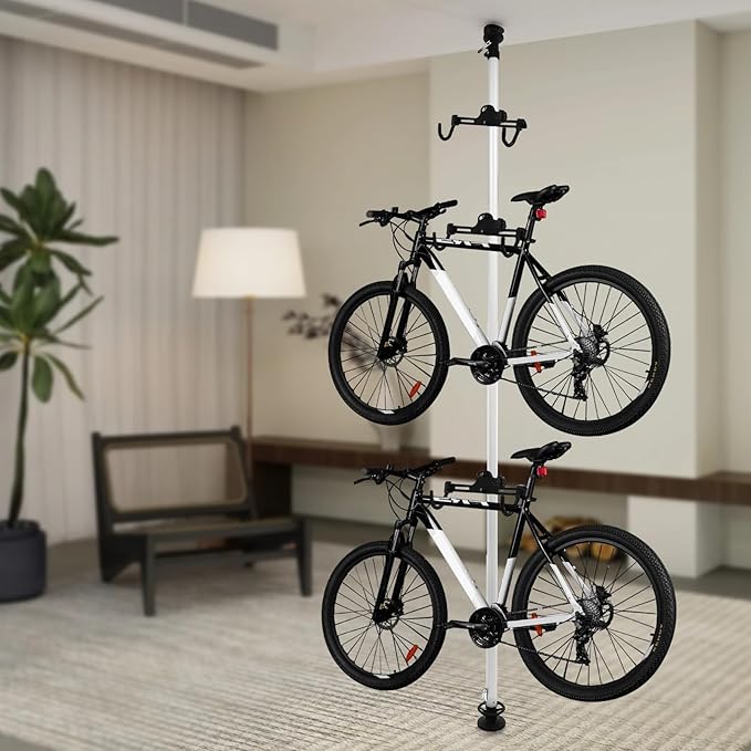 Floor to Ceiling 3 Bike Vertical Freestanding Hanger Parking Rack, Bicycle Storage Rack 360° Adjustable Hook Indoor Bike Storage Pole Stand for Storing Bicycles in Garages or Apartments