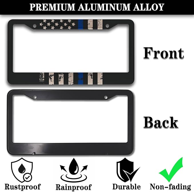 License Plate Frames Black, White, and Blue Car Plate Frames Thin Blue Line USA Flag Universal Aluminum Car Accessory 2 Pack with Screw Covers Set