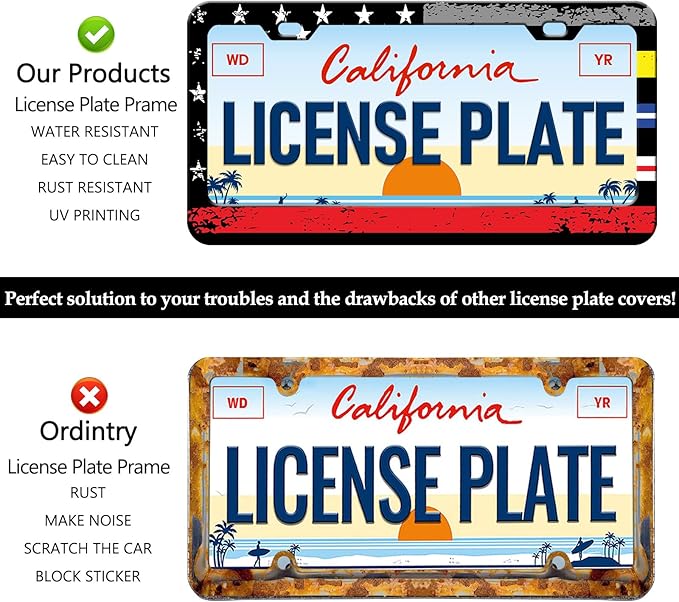 American Flag License Plate Frames - 2 Pack Colorful US Flag Stainless Steel License Plate Holder,Rust-Proof Waterproof Car Decorative Tag Frame with Screws Fasteners Caps