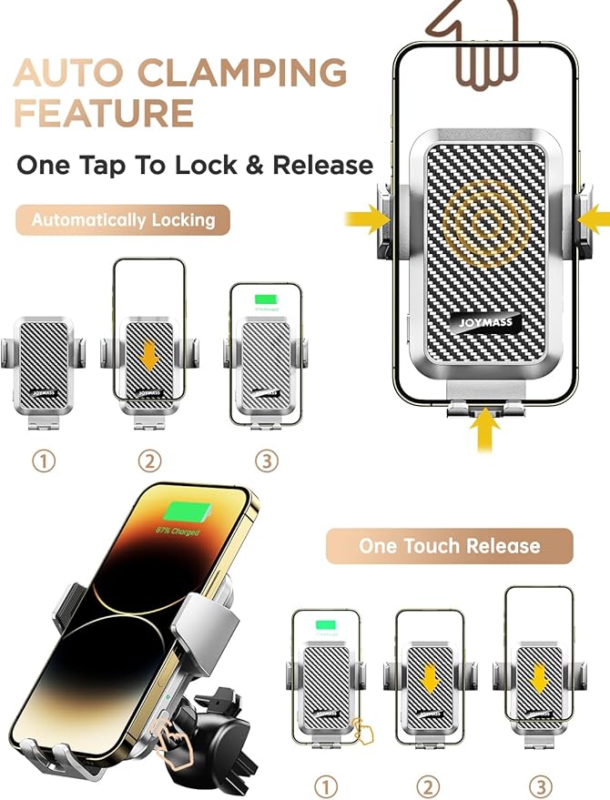 Wireless Car Charger, Phone Holders for Your Car, 15W Auto Clamping Phone Mount Car Accessories for iPhone 16 15 14 13 12 Mini Pro Max, Samsung Galaxy S24 Ultra S23 S22+ Note 20, etc - Silver