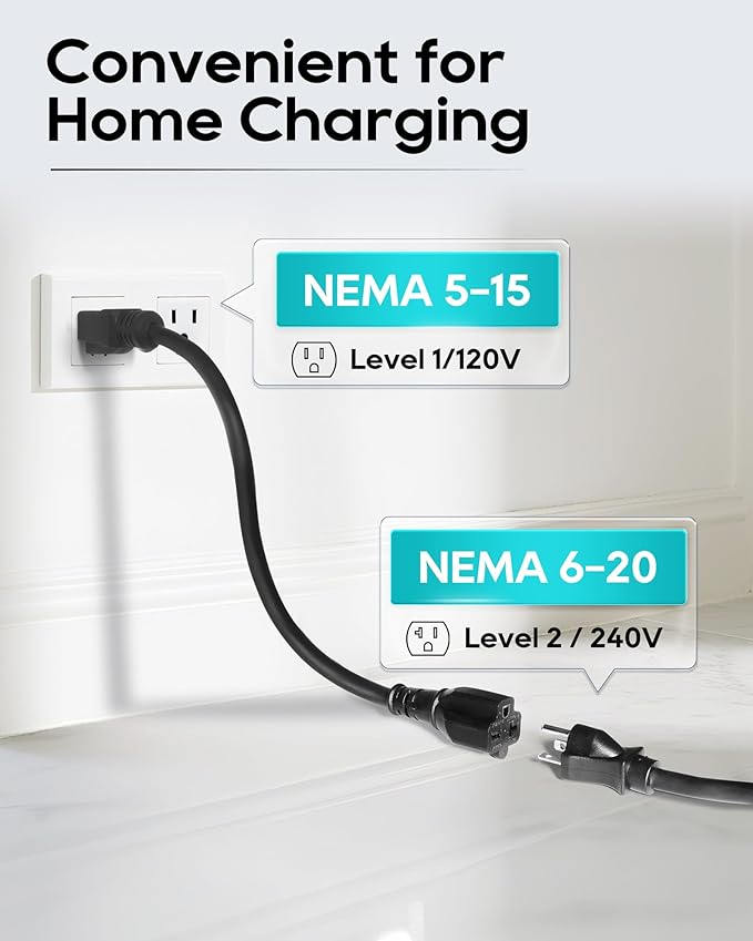 Tesla Charger Level 1-2 EV Charger,120V-240V,16A, NEMA 5-15 & 6-20 Plug,25FT