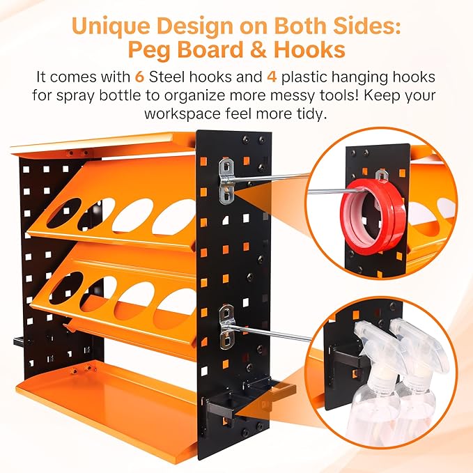 Heavy Duty Metal Spray Can Holder - Wall Mount or Countertop Spray Bottle Lube Can Organizer for Garage & Home & Workshop, Peg Board on Both Sides | 8 Can Holes & 6 Steel Hooks, 5 Plastic Hooks