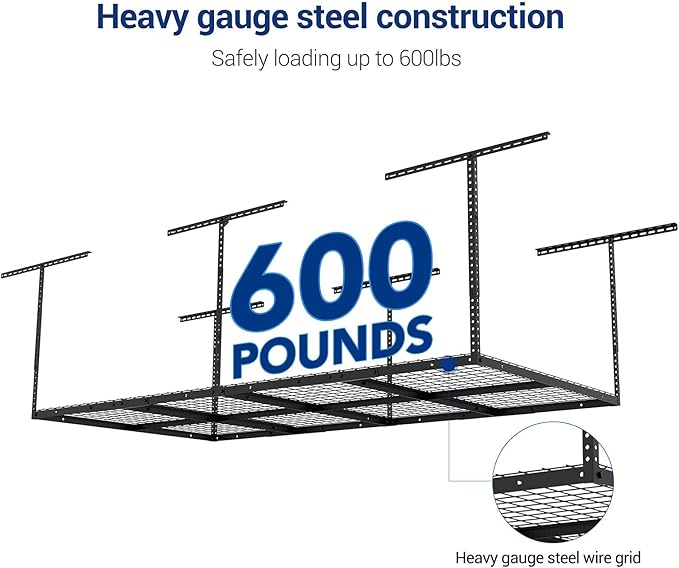 FLEXIMOUNTS 3x8 Overhead Garage Ceiling Storage Rack, Adjustable Garage Organization System, Heavy Duty Metal, 600lbs Weight Capacity, Black