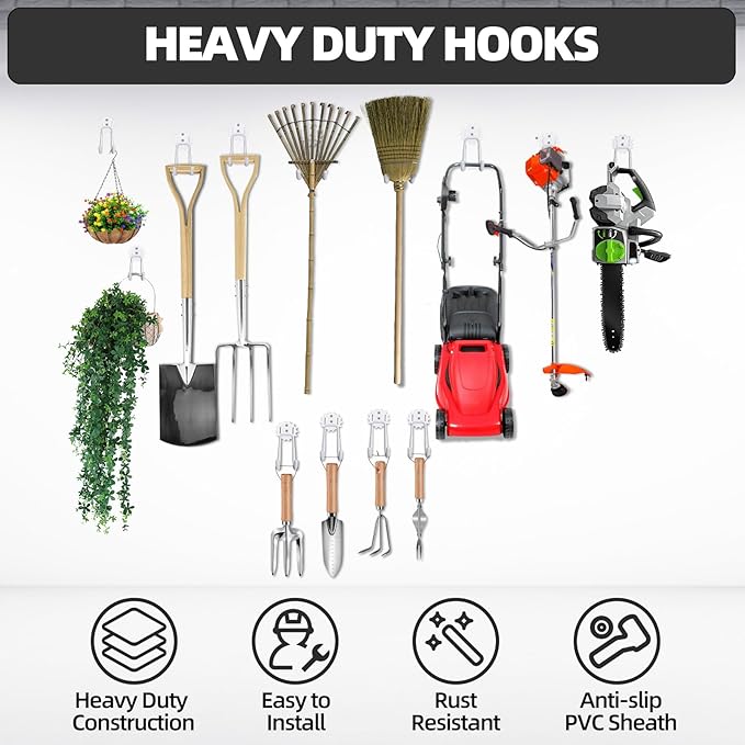 Heavy Duty Steel Storage Hooks - Utility Wall Mount Hooks with Anti-Slip Coating, Holds Bike, Ladder & Tools