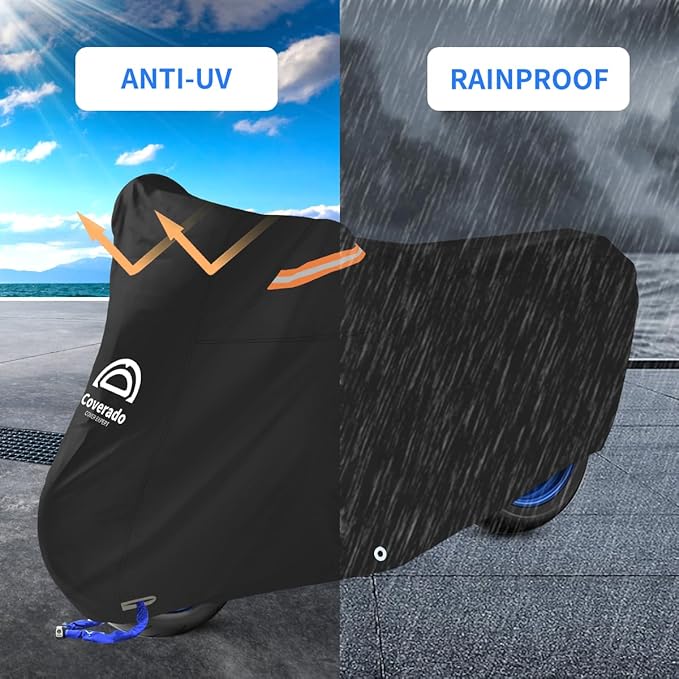 Motorcycle Cover, Motorcycle Cover Waterproof Outdoor with Lock Holes and Inner Flame Retardant Cloth Snow Rain Uv Protection Motorcycle Covers Fit for Harley Davidson Yamaha Etc (Up to 97'' Length)