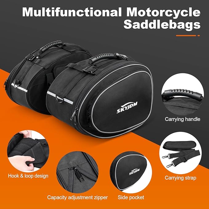 Motorcycle Saddlebags with Protective Cover, Large Capacity Extendable Saddle Bags Motorcycle Side Bag with Reflective Strip
