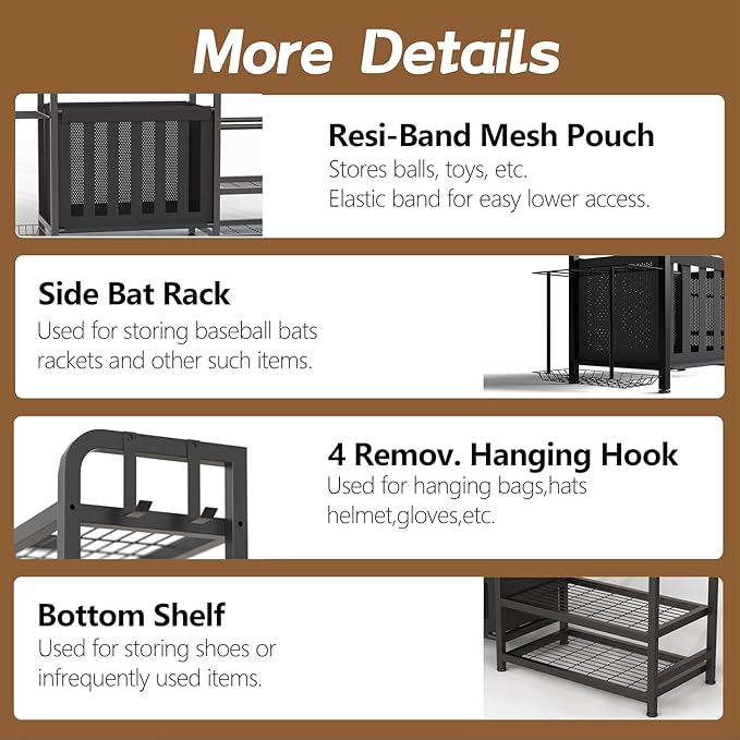 Garage Sports Equipment Organizer, Golf Bag Storage Rack, Heavy Duty Ball Holder with Basket & Hooks, Indoor/Outdoor Basketball Storage Bins for Toy Sports Gear Storage
